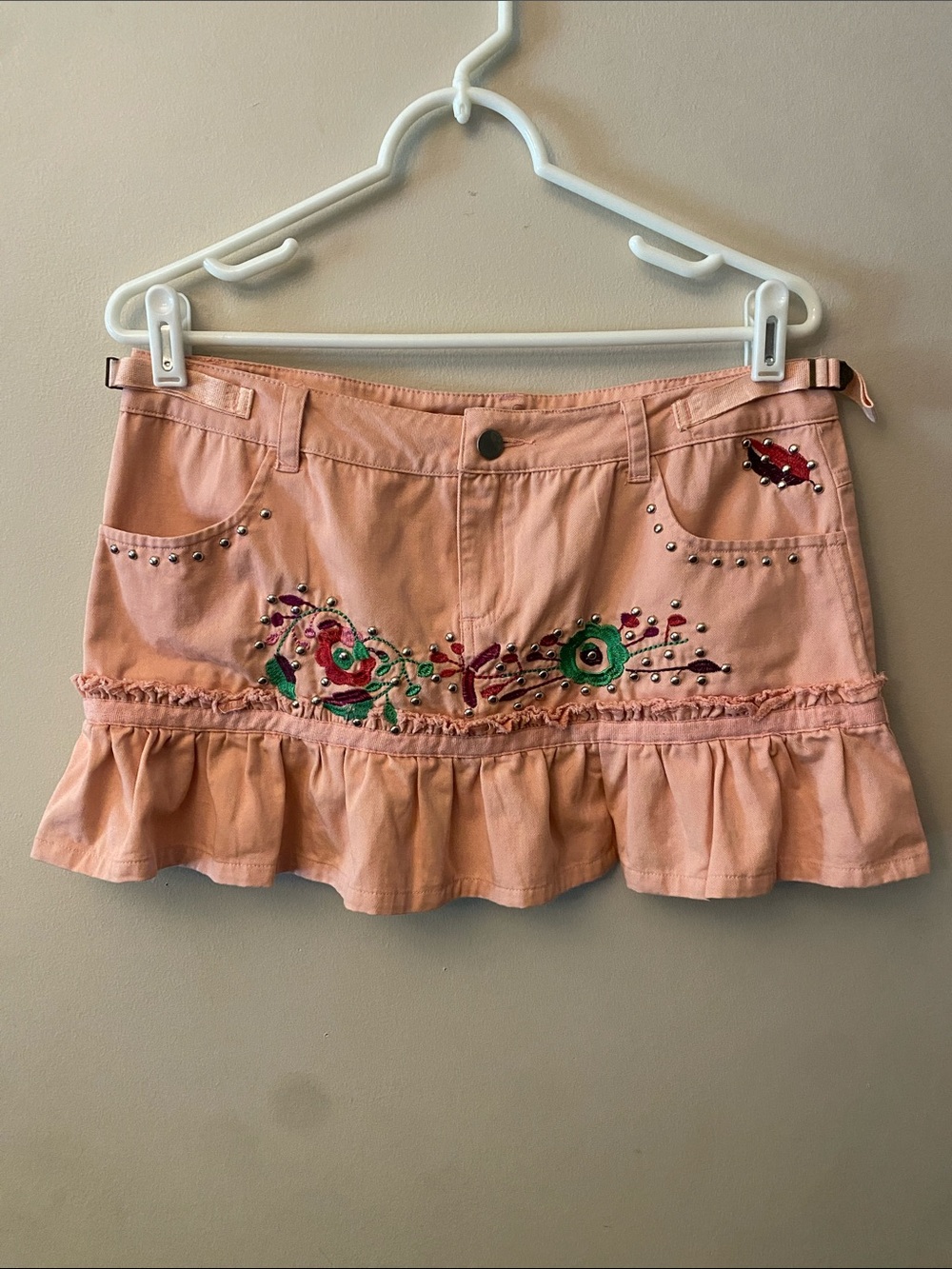 Aziz Peach Embroidered Ruffle Mini Skirt